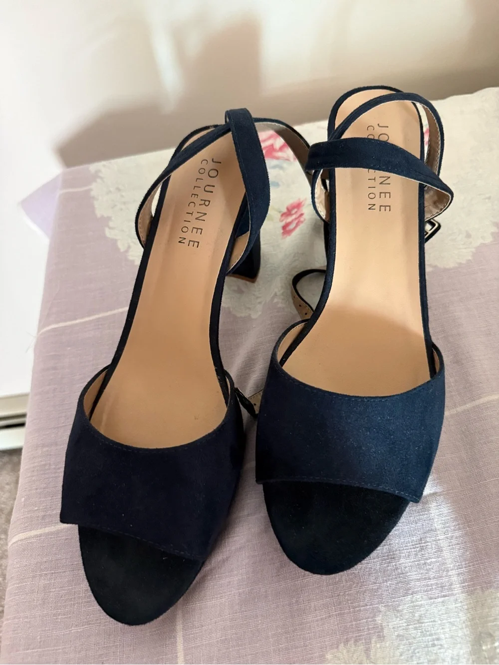 Journee Collection Navy Suede Slingback Block Heel Sandals